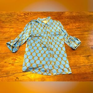 Casually Elegant Silk Soft Blue & Gold Knotted Nautical Rope Button Up Top